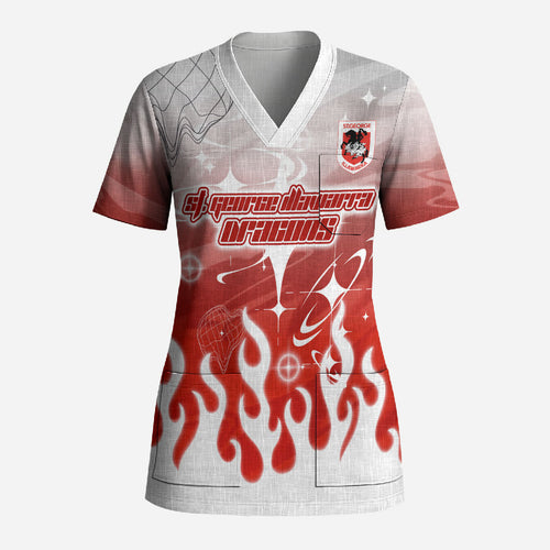 Personalized St. George Illawarra Dragons Scrub Top Y2K Grunge Aesthetic With Cyber Flames and Starburst Graphics