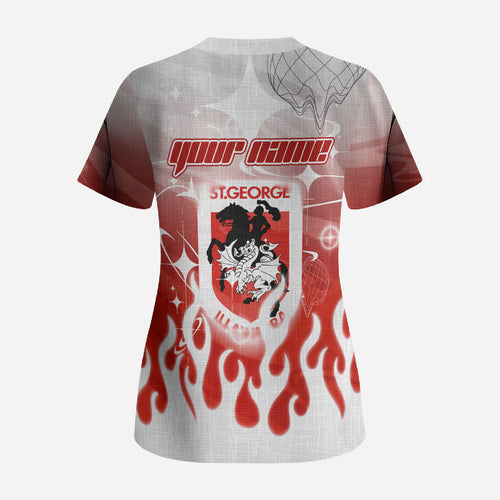 Personalized St. George Illawarra Dragons Scrub Top Y2K Grunge Aesthetic With Cyber Flames and Starburst Graphics