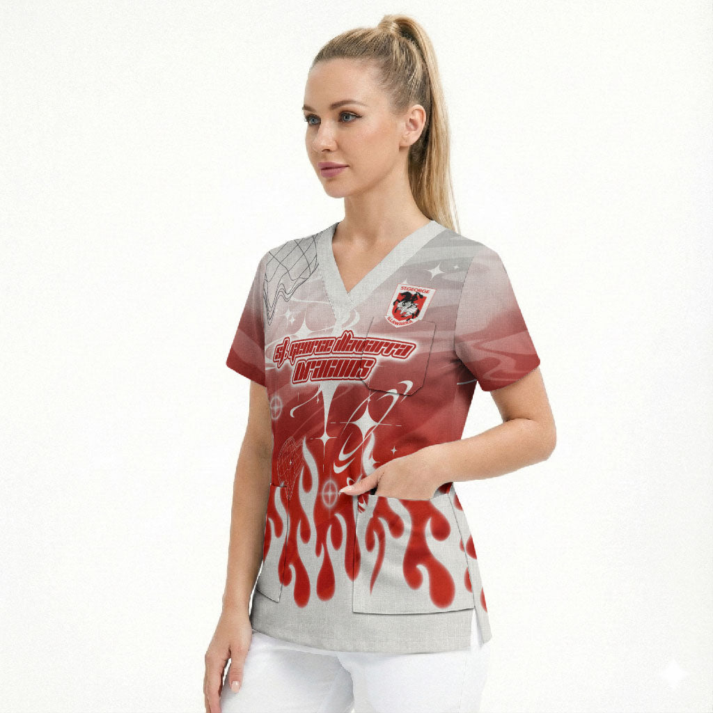 Personalized St. George Illawarra Dragons Scrub Top Y2K Grunge Aesthetic With Cyber Flames and Starburst Graphics