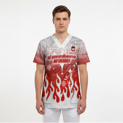 Personalized St. George Illawarra Dragons Scrub Top Y2K Grunge Aesthetic With Cyber Flames and Starburst Graphics