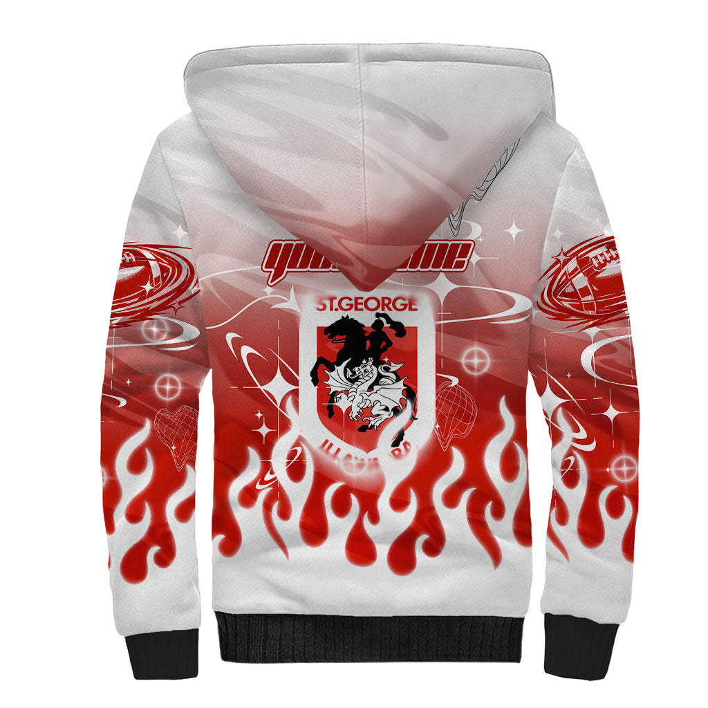 Personalized St. George Illawarra Dragons Sherpa Hoodie Y2K Grunge Aesthetic With Cyber Flames and Starburst Graphics