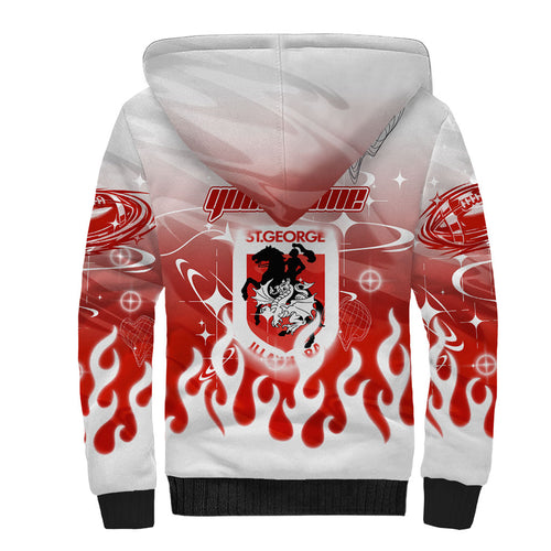 Personalized St. George Illawarra Dragons Sherpa Hoodie Y2K Grunge Aesthetic With Cyber Flames and Starburst Graphics