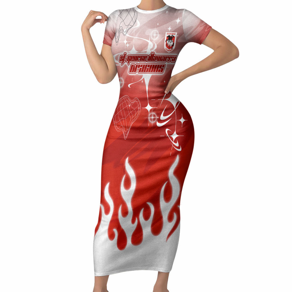 Personalized St. George Illawarra Dragons Short Sleeve Bodycon Dress Y2K Grunge Aesthetic With Cyber Flames and Starburst Graphics