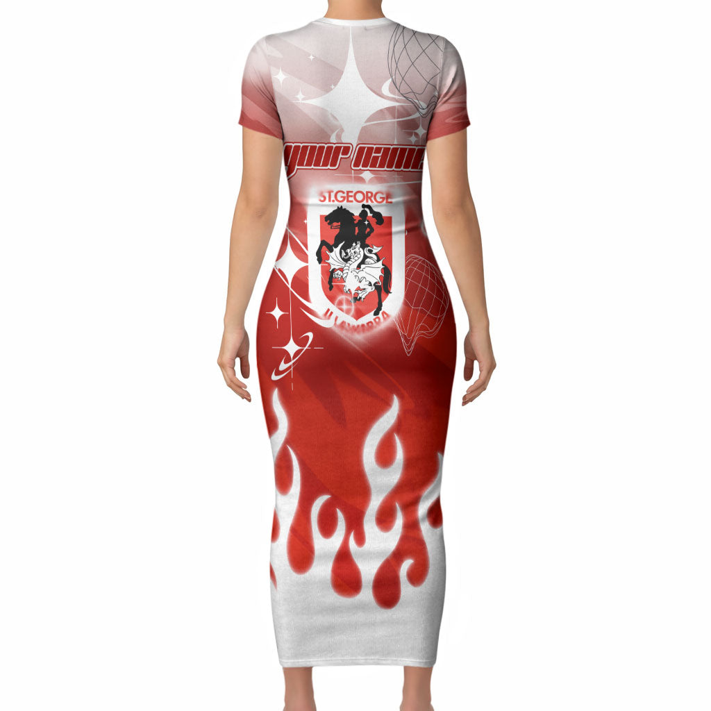 Personalized St. George Illawarra Dragons Short Sleeve Bodycon Dress Y2K Grunge Aesthetic With Cyber Flames and Starburst Graphics