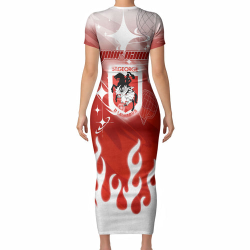 Personalized St. George Illawarra Dragons Short Sleeve Bodycon Dress Y2K Grunge Aesthetic With Cyber Flames and Starburst Graphics