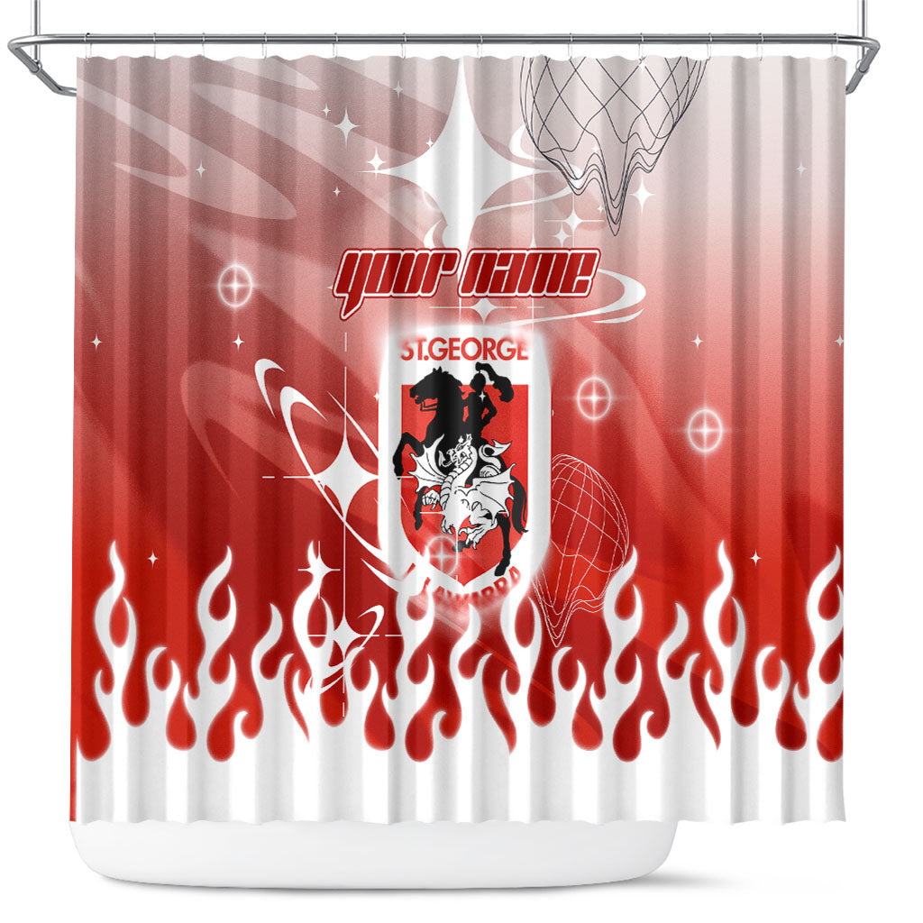 Personalized St. George Illawarra Dragons Shower Curtain Y2K Grunge Aesthetic With Cyber Flames and Starburst Graphics
