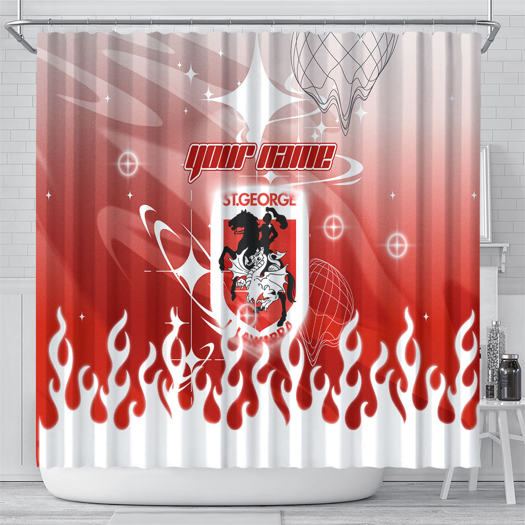 Personalized St. George Illawarra Dragons Shower Curtain Y2K Grunge Aesthetic With Cyber Flames and Starburst Graphics