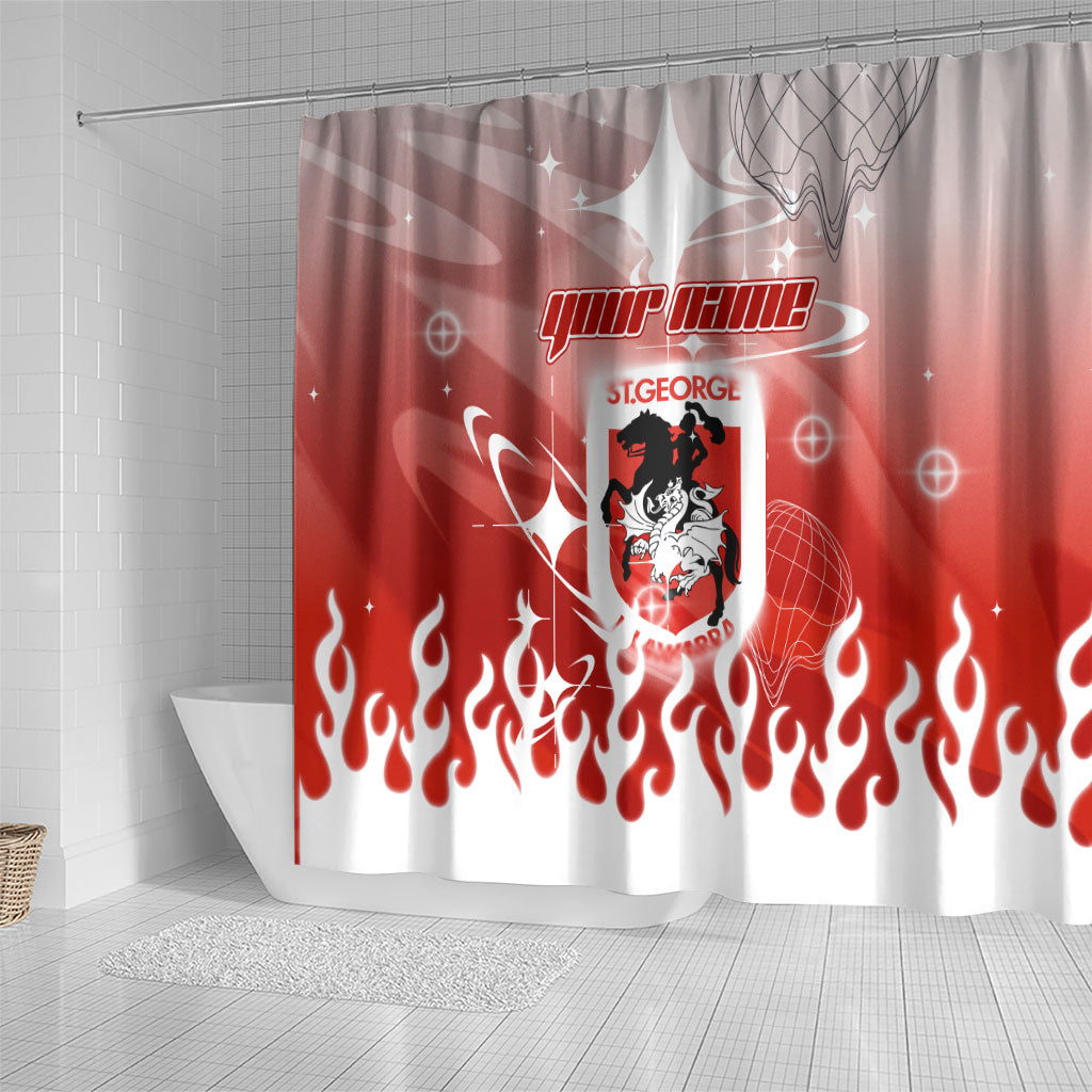 Personalized St. George Illawarra Dragons Shower Curtain Y2K Grunge Aesthetic With Cyber Flames and Starburst Graphics