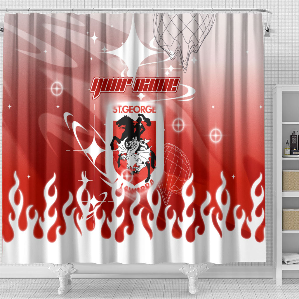 Personalized St. George Illawarra Dragons Shower Curtain Y2K Grunge Aesthetic With Cyber Flames and Starburst Graphics