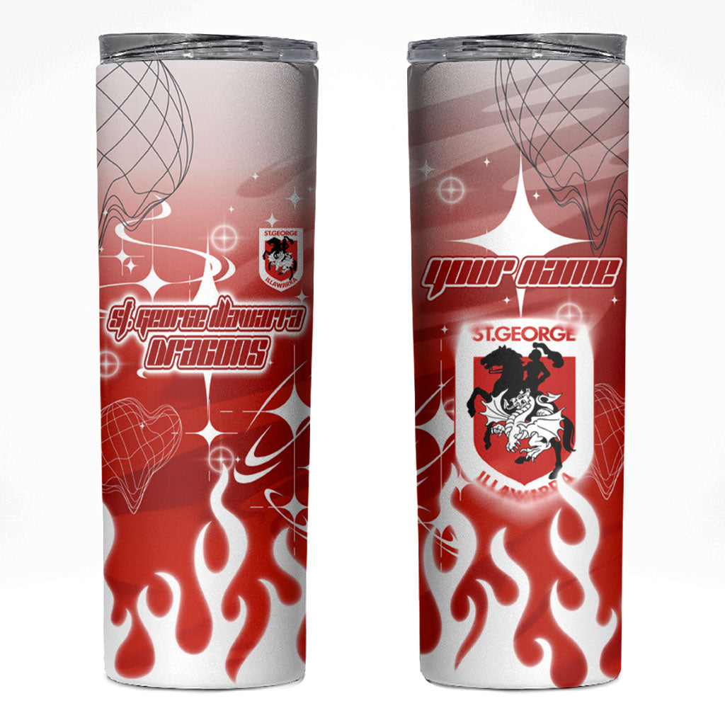 Personalized St. George Illawarra Dragons Skinny Tumbler Y2K Grunge Aesthetic With Cyber Flames and Starburst Graphics
