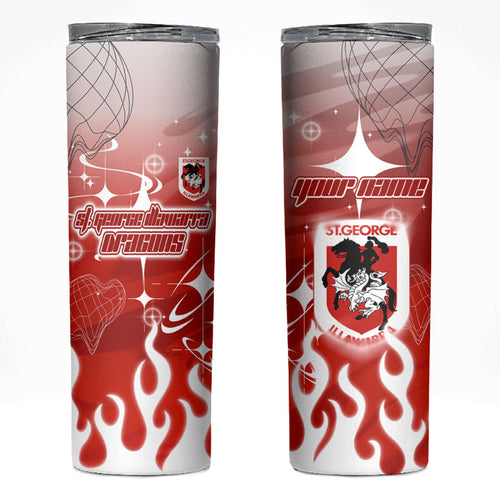 Personalized St. George Illawarra Dragons Skinny Tumbler Y2K Grunge Aesthetic With Cyber Flames and Starburst Graphics