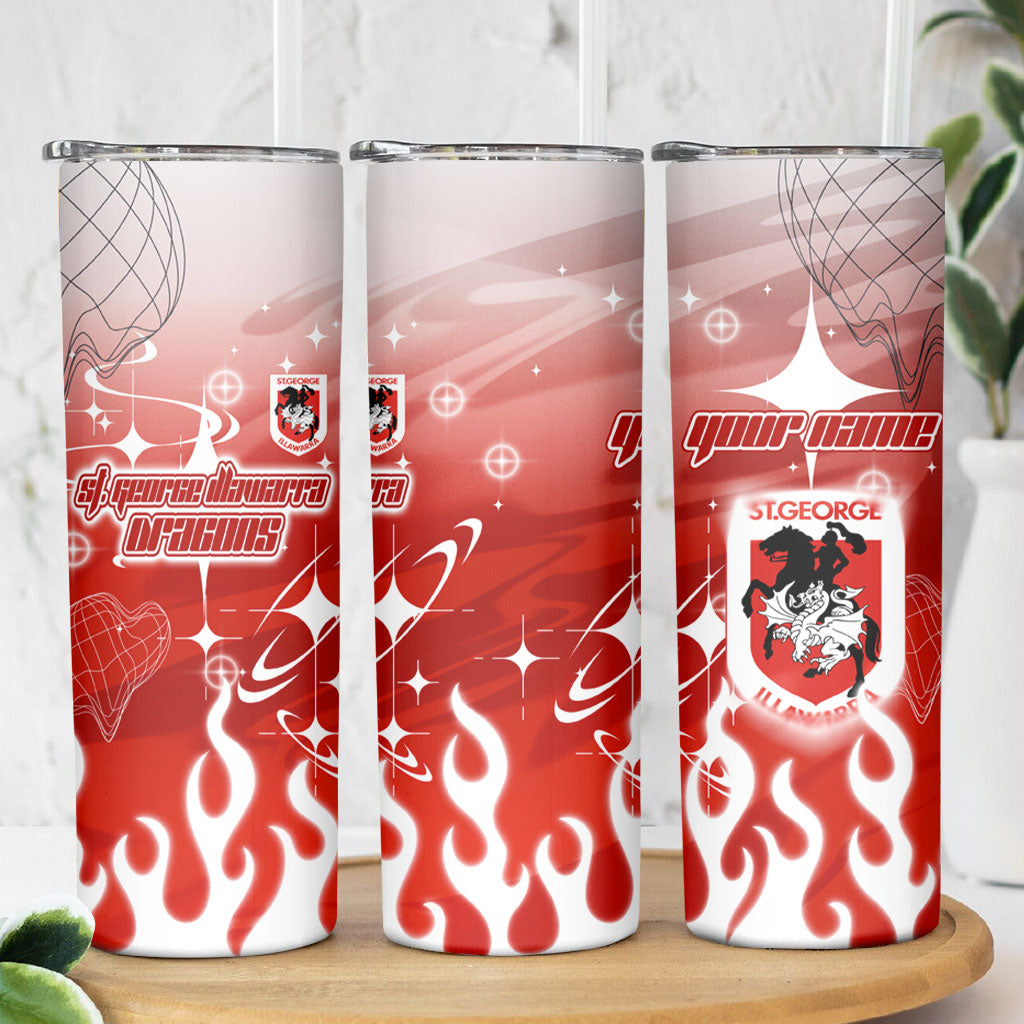 Personalized St. George Illawarra Dragons Skinny Tumbler Y2K Grunge Aesthetic With Cyber Flames and Starburst Graphics
