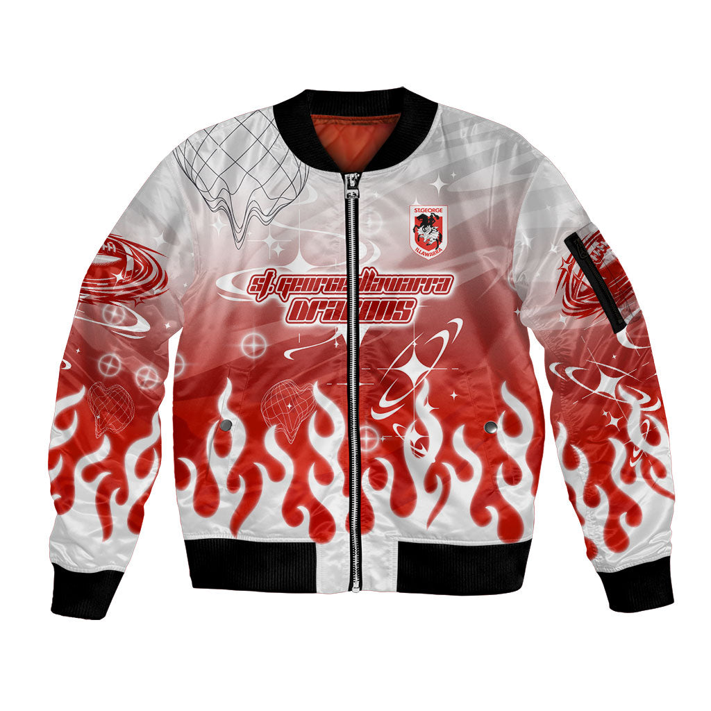 Personalized St. George Illawarra Dragons Sleeve Zip Bomber Jacket Y2K Grunge Aesthetic With Cyber Flames and Starburst Graphics