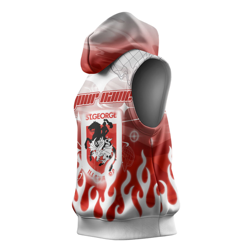 Personalized St. George Illawarra Dragons Sleeveless Hoodie Y2K Grunge Aesthetic With Cyber Flames and Starburst Graphics