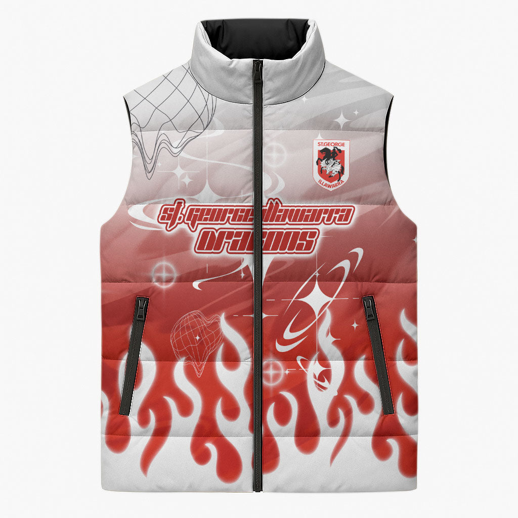 Personalized St. George Illawarra Dragons Sleeveless Puffer Jacket Y2K Grunge Aesthetic With Cyber Flames and Starburst Graphics