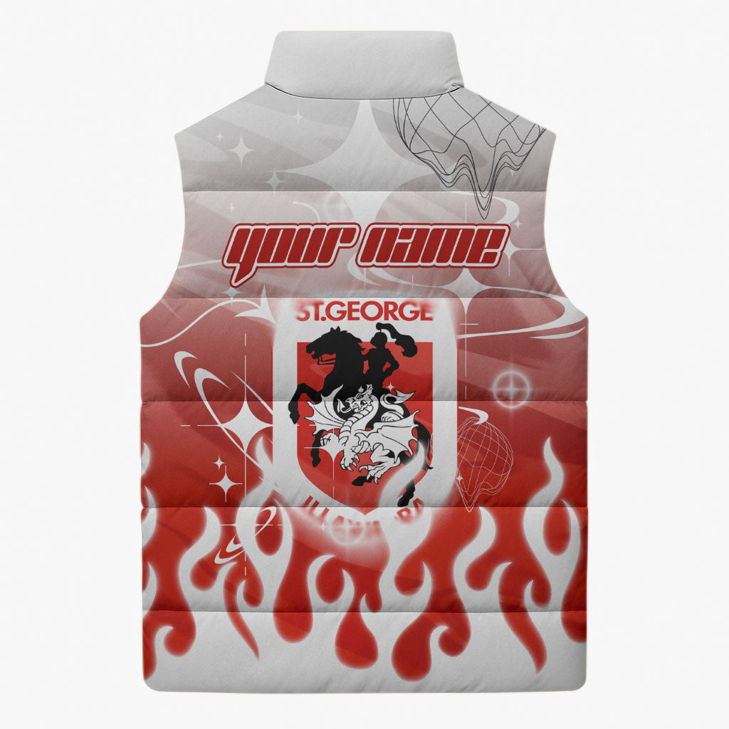 Personalized St. George Illawarra Dragons Sleeveless Puffer Jacket Y2K Grunge Aesthetic With Cyber Flames and Starburst Graphics