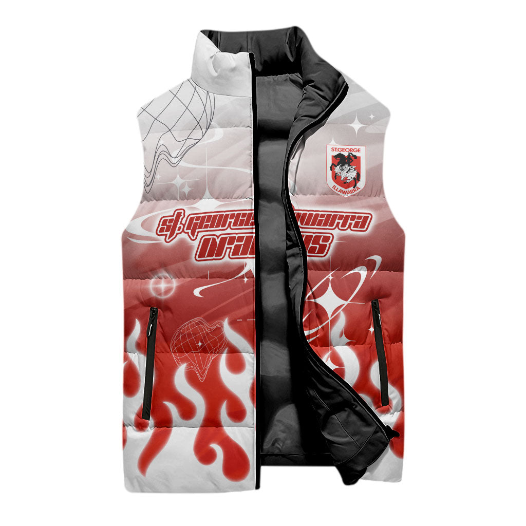 Personalized St. George Illawarra Dragons Sleeveless Puffer Jacket Y2K Grunge Aesthetic With Cyber Flames and Starburst Graphics