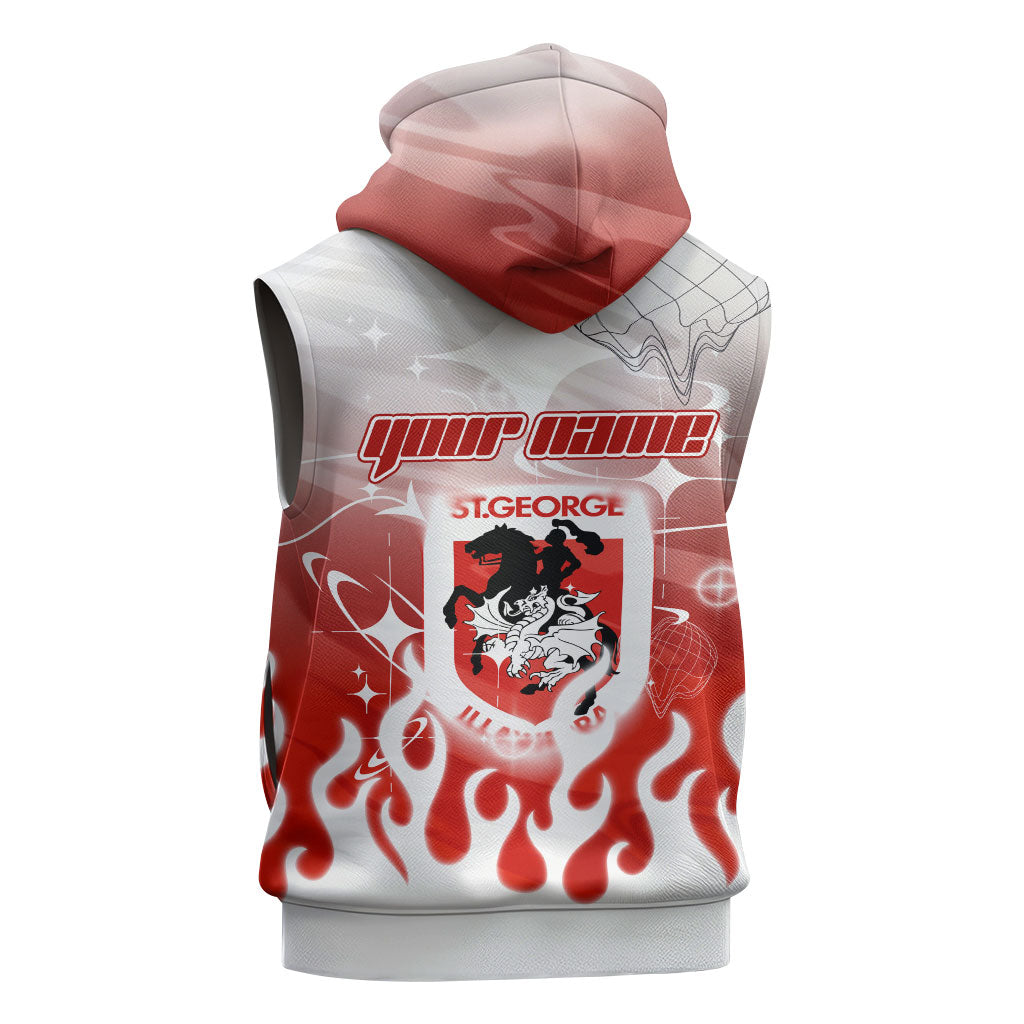 Personalized St. George Illawarra Dragons Sleeveless Zip Hoodie Y2K Grunge Aesthetic With Cyber Flames and Starburst Graphics