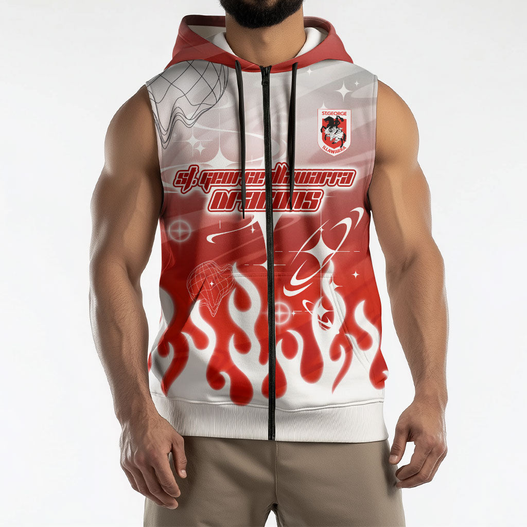 Personalized St. George Illawarra Dragons Sleeveless Zip Hoodie Y2K Grunge Aesthetic With Cyber Flames and Starburst Graphics