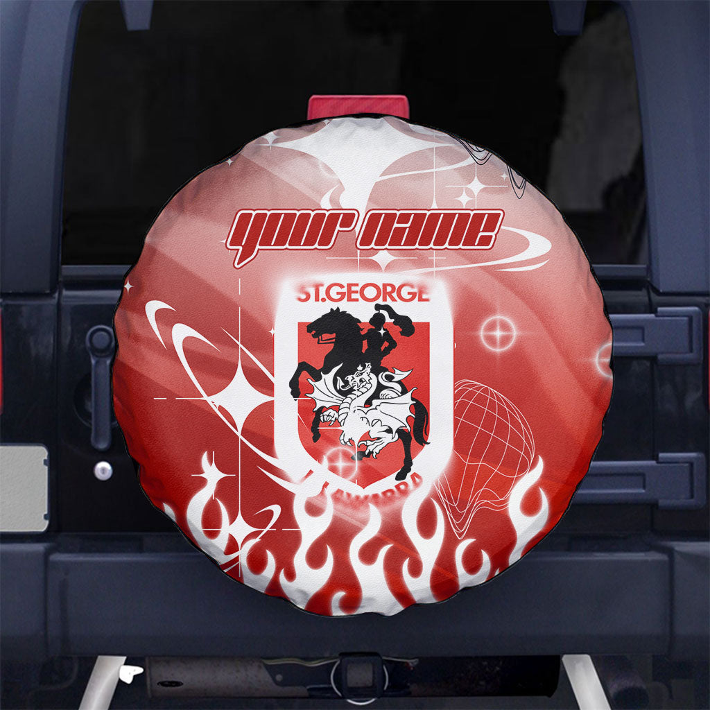 Personalized St. George Illawarra Dragons Spare Tire Cover Y2K Grunge Aesthetic With Cyber Flames and Starburst Graphics