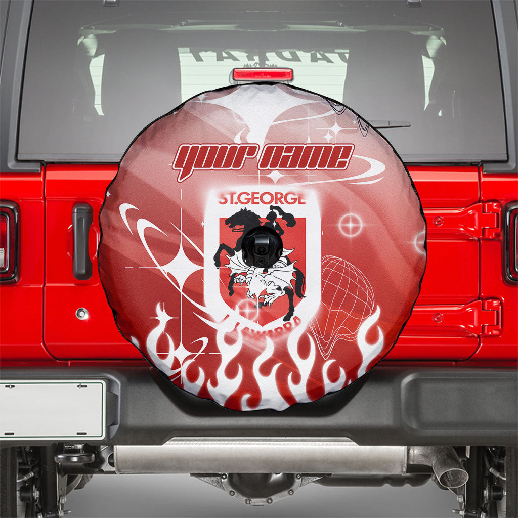 Personalized St. George Illawarra Dragons Spare Tire Cover Y2K Grunge Aesthetic With Cyber Flames and Starburst Graphics