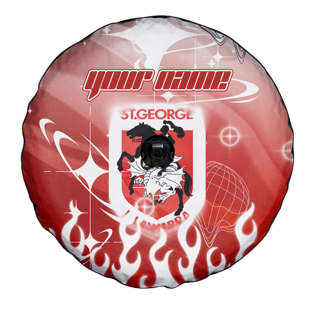 Personalized St. George Illawarra Dragons Spare Tire Cover Y2K Grunge Aesthetic With Cyber Flames and Starburst Graphics