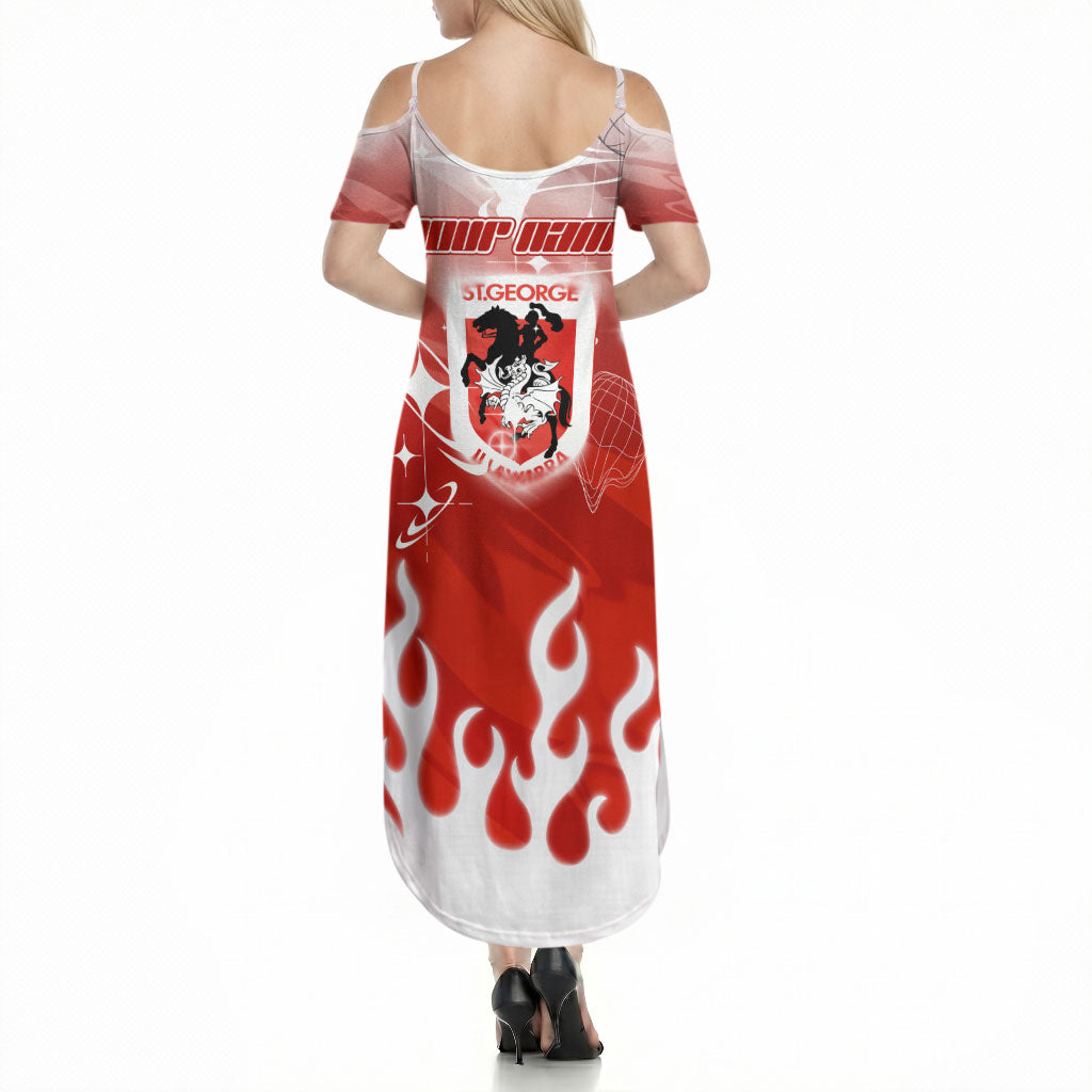 Personalized St. George Illawarra Dragons Summer Maxi Dress Y2K Grunge Aesthetic With Cyber Flames and Starburst Graphics
