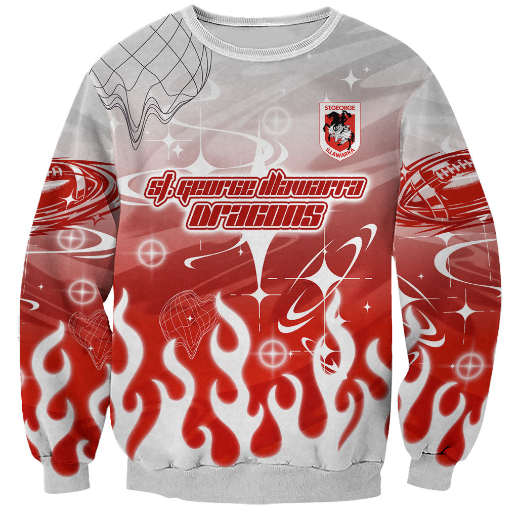 Personalized St. George Illawarra Dragons Sweatshirt Y2K Grunge Aesthetic With Cyber Flames and Starburst Graphics