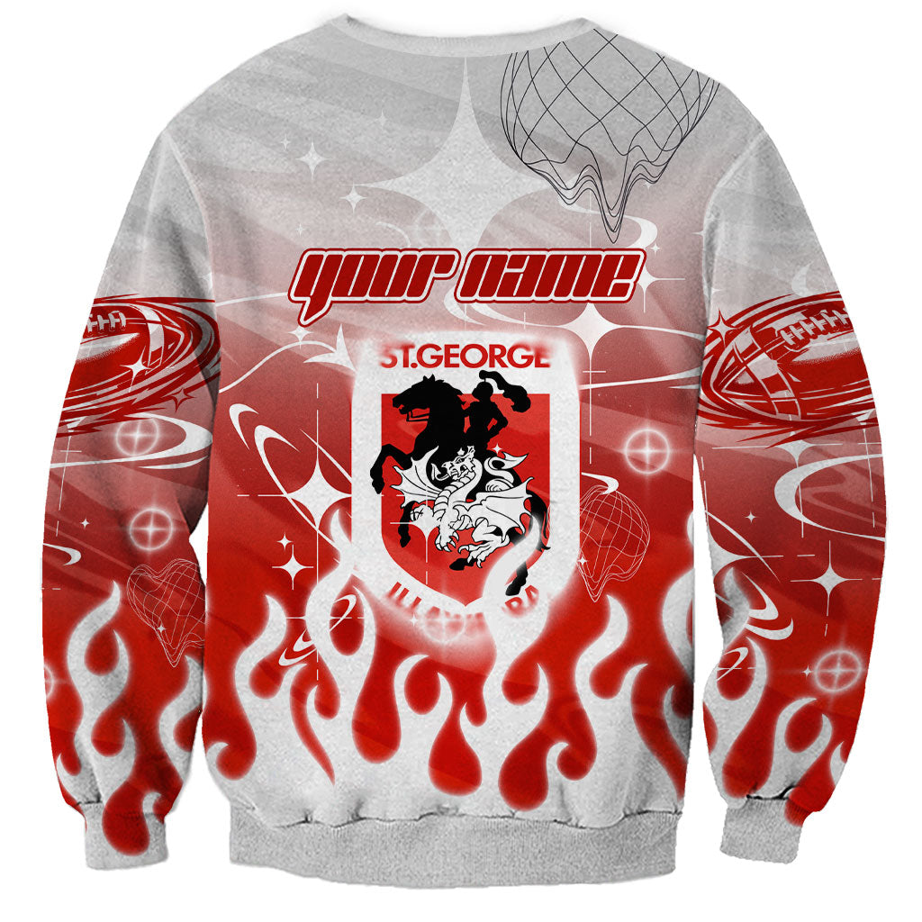 Personalized St. George Illawarra Dragons Sweatshirt Y2K Grunge Aesthetic With Cyber Flames and Starburst Graphics