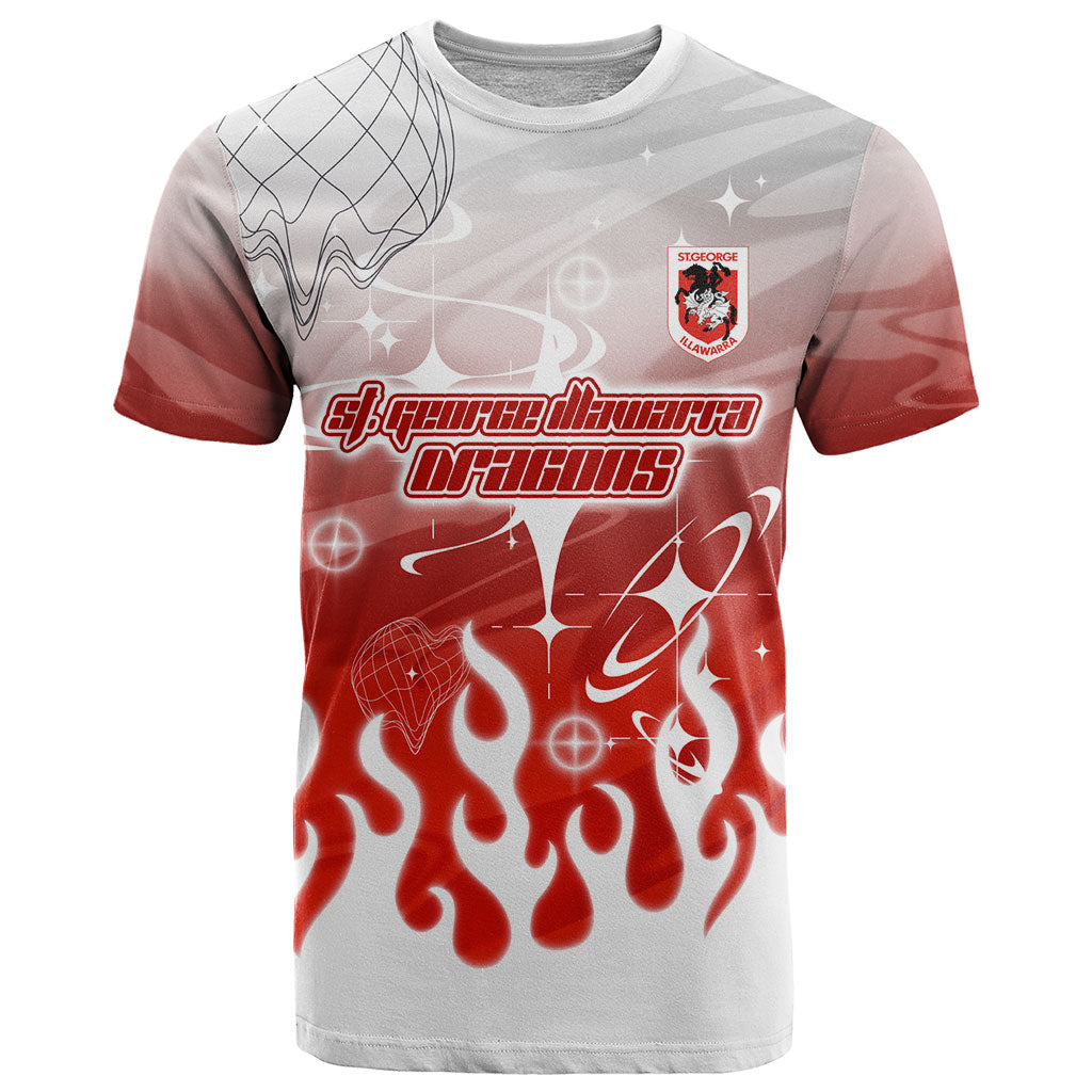 Personalized St. George Illawarra Dragons T Shirt Y2K Grunge Aesthetic With Cyber Flames and Starburst Graphics