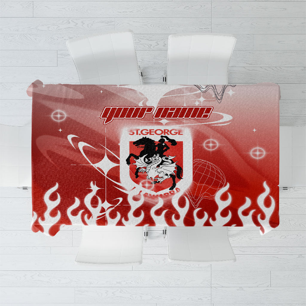 Personalized St. George Illawarra Dragons Tablecloth Y2K Grunge Aesthetic With Cyber Flames and Starburst Graphics