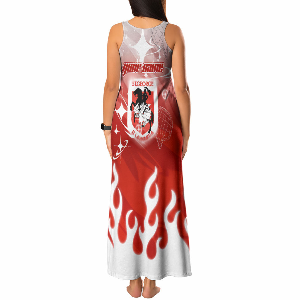 Personalized St. George Illawarra Dragons Tank Maxi Dress Y2K Grunge Aesthetic With Cyber Flames and Starburst Graphics