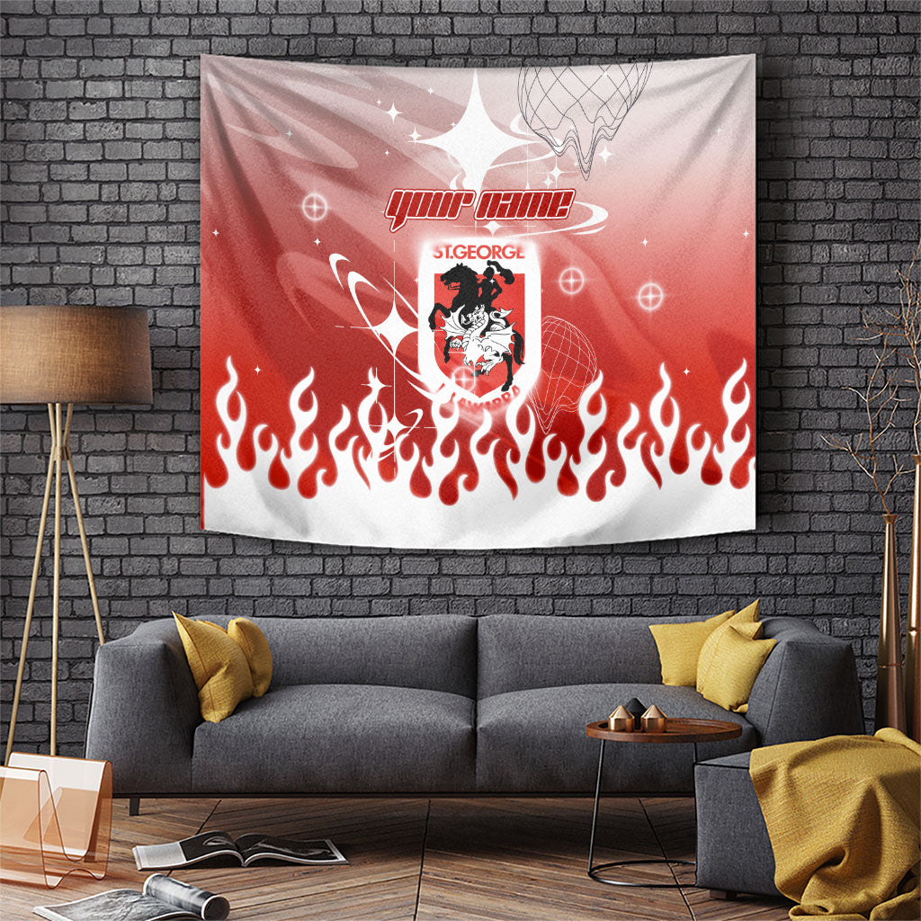 Personalized St. George Illawarra Dragons Tapestry Y2K Grunge Aesthetic With Cyber Flames and Starburst Graphics