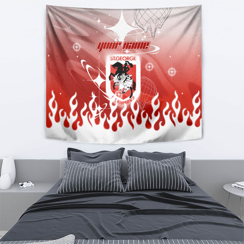 Personalized St. George Illawarra Dragons Tapestry Y2K Grunge Aesthetic With Cyber Flames and Starburst Graphics