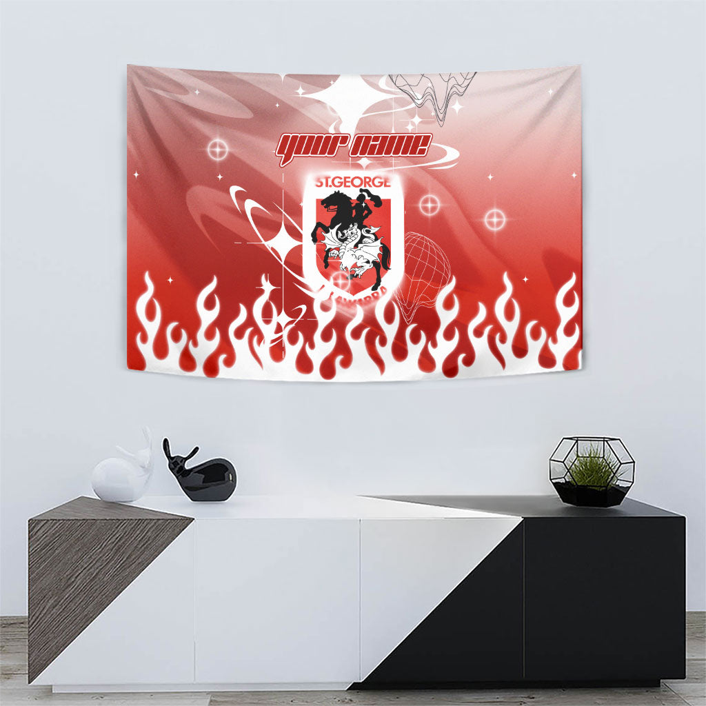 Personalized St. George Illawarra Dragons Tapestry Y2K Grunge Aesthetic With Cyber Flames and Starburst Graphics