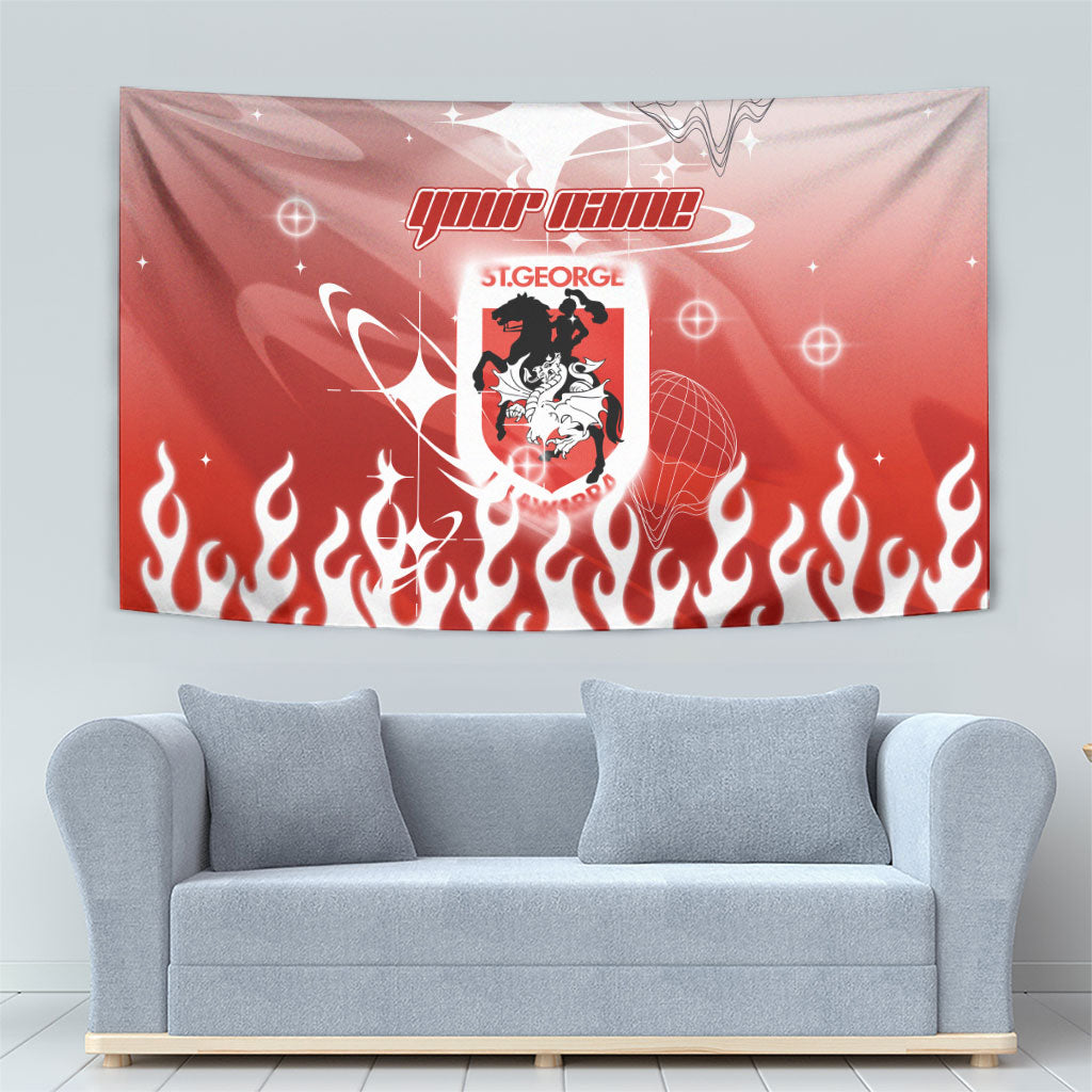Personalized St. George Illawarra Dragons Tapestry Y2K Grunge Aesthetic With Cyber Flames and Starburst Graphics