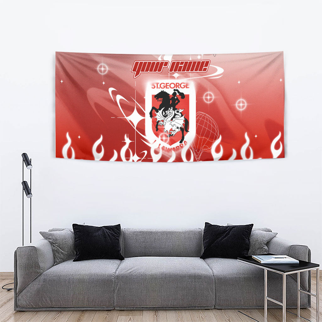Personalized St. George Illawarra Dragons Tapestry Y2K Grunge Aesthetic With Cyber Flames and Starburst Graphics