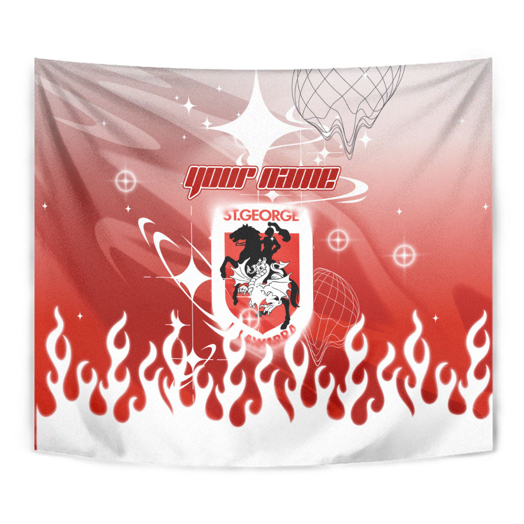 Personalized St. George Illawarra Dragons Tapestry Y2K Grunge Aesthetic With Cyber Flames and Starburst Graphics