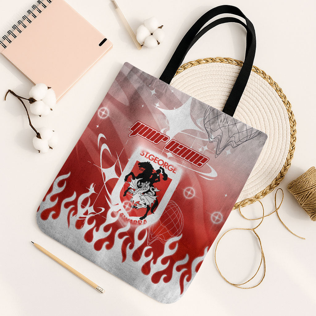 Personalized St. George Illawarra Dragons Tote Bag Y2K Grunge Aesthetic With Cyber Flames and Starburst Graphics