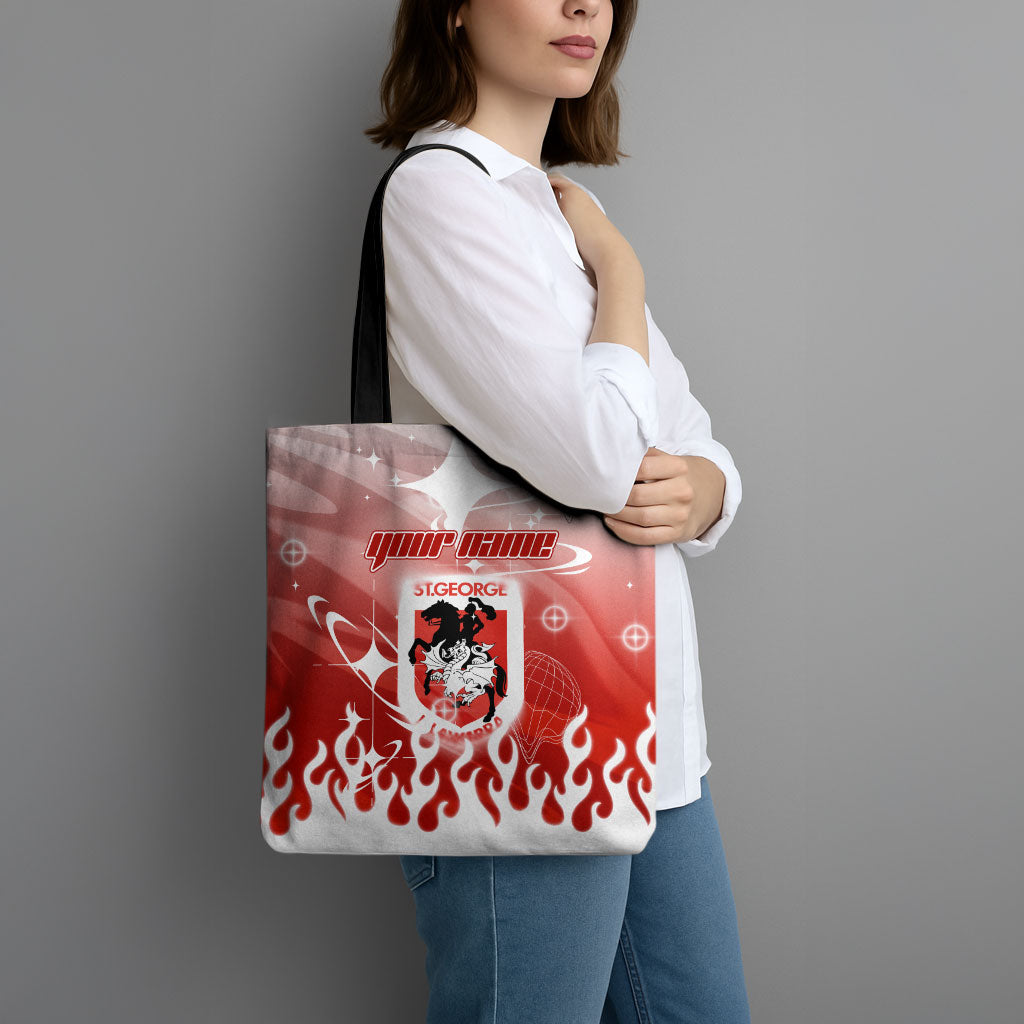Personalized St. George Illawarra Dragons Tote Bag Y2K Grunge Aesthetic With Cyber Flames and Starburst Graphics