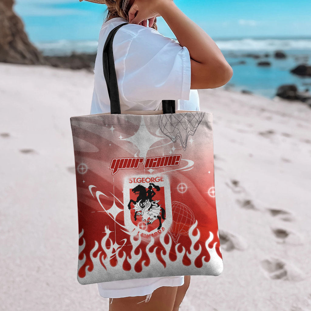 Personalized St. George Illawarra Dragons Tote Bag Y2K Grunge Aesthetic With Cyber Flames and Starburst Graphics