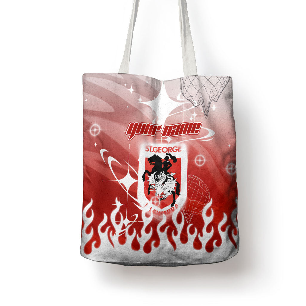 Personalized St. George Illawarra Dragons Tote Bag Y2K Grunge Aesthetic With Cyber Flames and Starburst Graphics