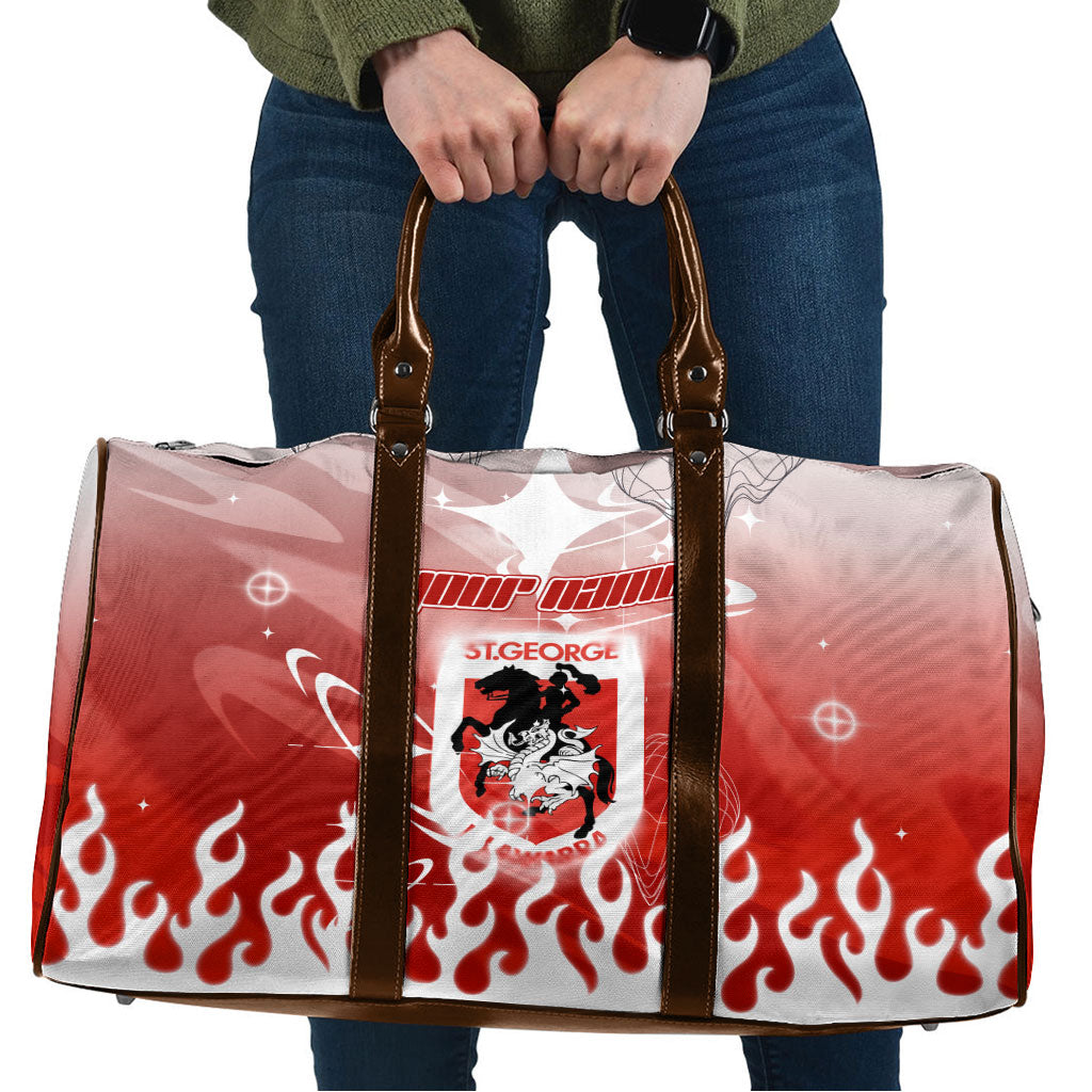 Personalized St. George Illawarra Dragons Travel Bag Y2K Grunge Aesthetic With Cyber Flames and Starburst Graphics