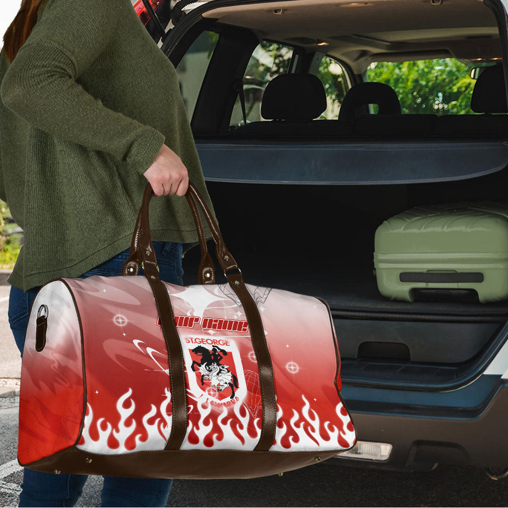 Personalized St. George Illawarra Dragons Travel Bag Y2K Grunge Aesthetic With Cyber Flames and Starburst Graphics