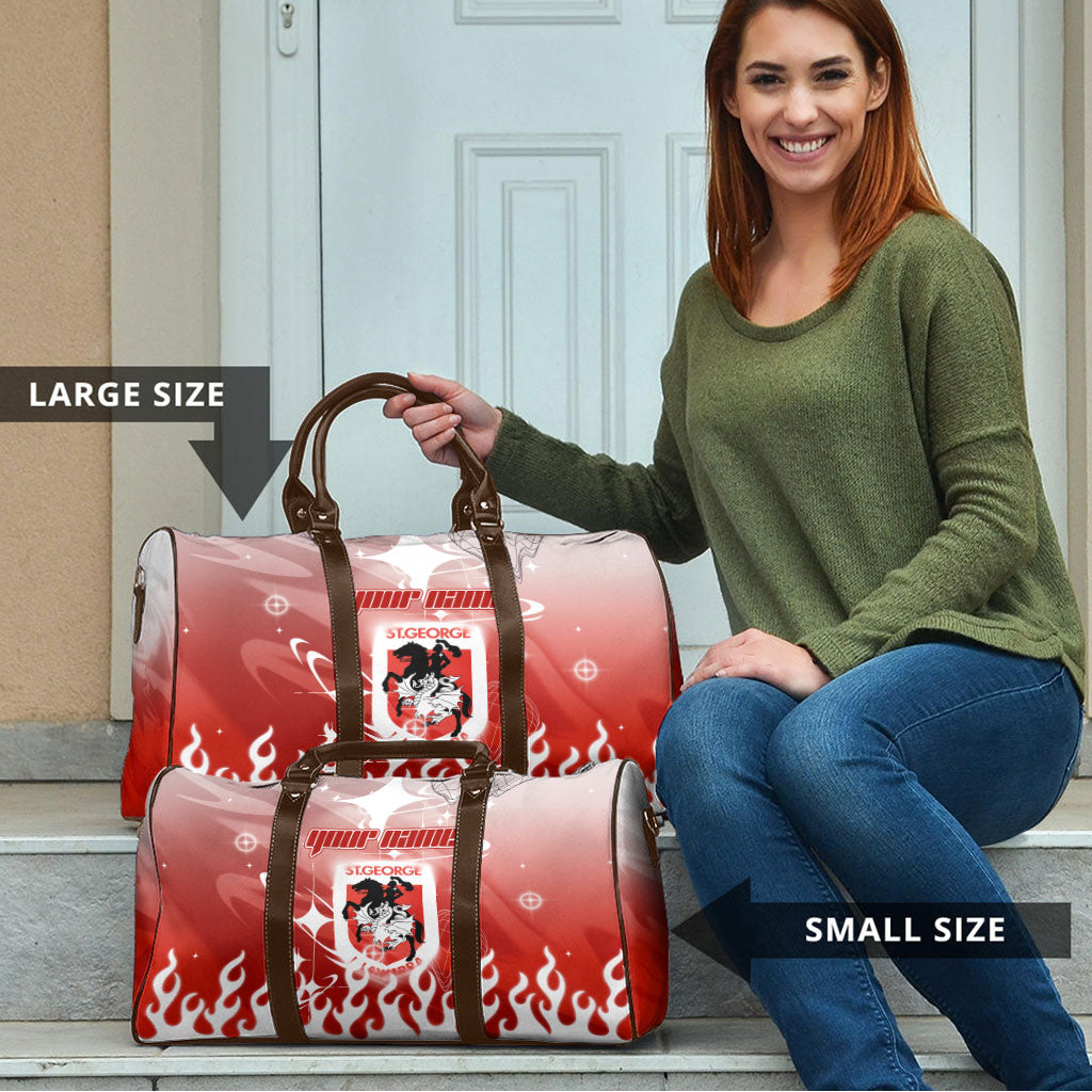 Personalized St. George Illawarra Dragons Travel Bag Y2K Grunge Aesthetic With Cyber Flames and Starburst Graphics