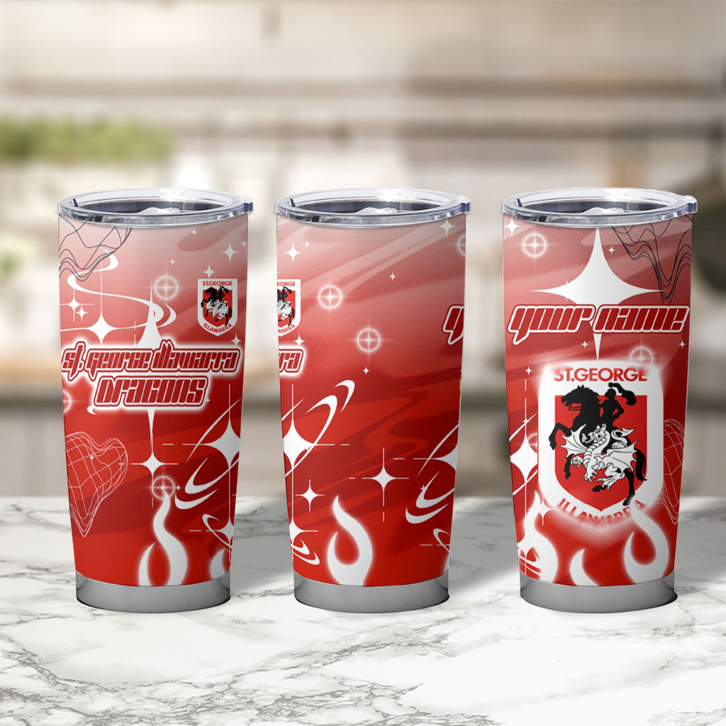Personalized St. George Illawarra Dragons Tumbler Cup Y2K Grunge Aesthetic With Cyber Flames and Starburst Graphics