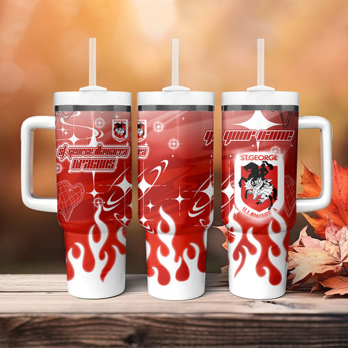 Personalized St. George Illawarra Dragons Tumbler With Handle Y2K Grunge Aesthetic With Cyber Flames and Starburst Graphics