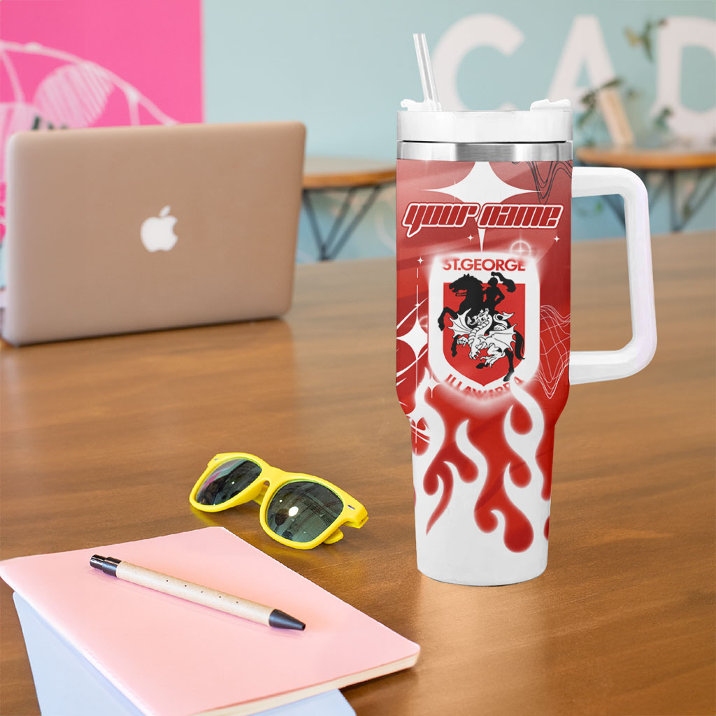 Personalized St. George Illawarra Dragons Tumbler With Handle Y2K Grunge Aesthetic With Cyber Flames and Starburst Graphics
