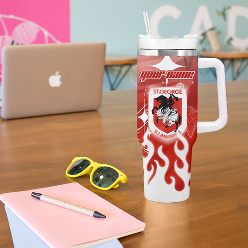 Personalized St. George Illawarra Dragons Tumbler With Handle Y2K Grunge Aesthetic With Cyber Flames and Starburst Graphics