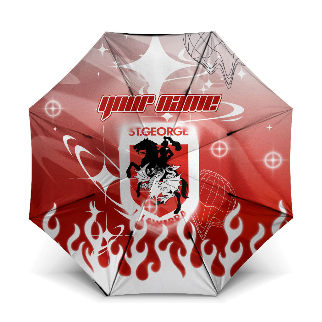 Personalized St. George Illawarra Dragons Umbrella Y2K Grunge Aesthetic With Cyber Flames and Starburst Graphics